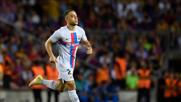 Sergino Dest pictured in action for Barcelona during a friendly game against Manchester City in August 2022
